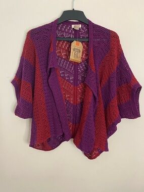 Route 66 Crochet 100% cotton Purple and Red Striped Open-Knit Cardigan Poncho XL